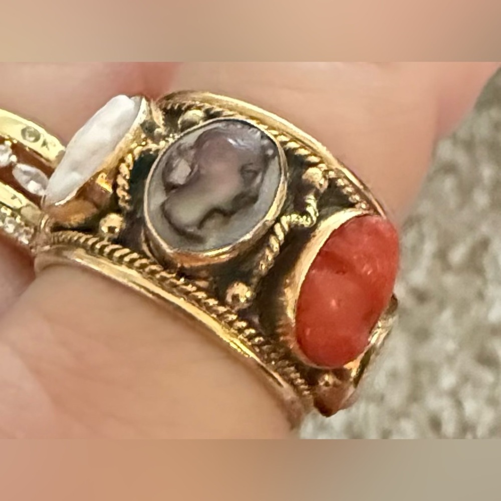 14k Cameo shell Eternity Wide Band Ring Size 8 multi color estate jewelry